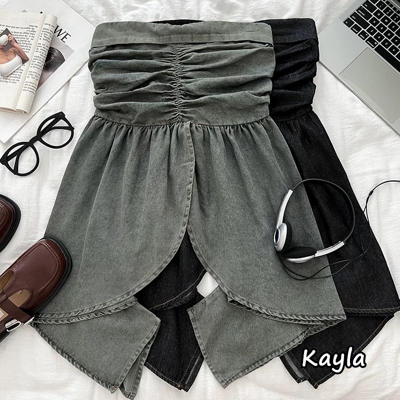 現貨+預購🌟免運🌟 牛仔抓皺顯瘦不規則平口上衣 A1226 #Kayla.girl #少女愷拉-細節圖2