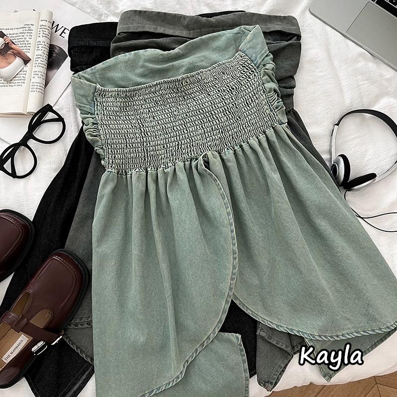 現貨+預購🌟免運🌟 牛仔抓皺顯瘦不規則平口上衣 A1226 #Kayla.girl #少女愷拉-細節圖4