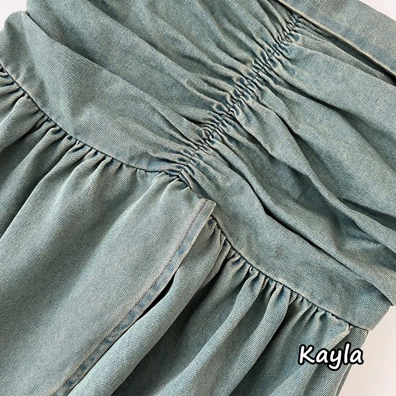 現貨+預購🌟免運🌟 牛仔抓皺顯瘦不規則平口上衣 A1226 #Kayla.girl #少女愷拉-細節圖6