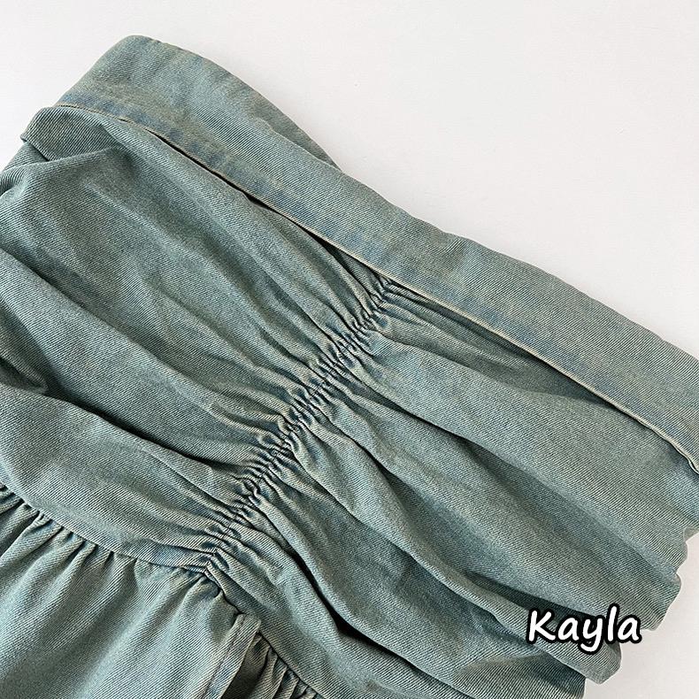 現貨+預購🌟免運🌟 牛仔抓皺顯瘦不規則平口上衣 A1226 #Kayla.girl #少女愷拉-細節圖8