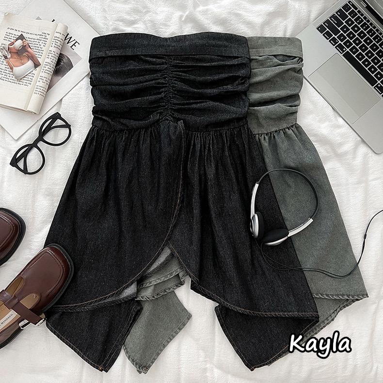 現貨+預購🌟免運🌟 牛仔抓皺顯瘦不規則平口上衣 A1226 #Kayla.girl #少女愷拉-細節圖9