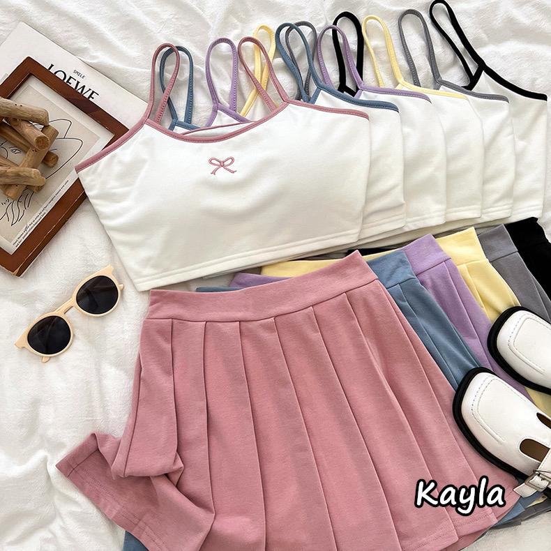 預購🌟免運🌟 蝴蝶結細肩帶背心+高腰百褶裙2件組套裝 A1208 #Kayla.girl #少女愷拉-細節圖3