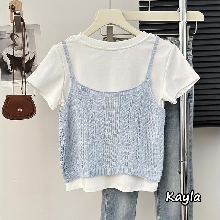 預購🌟免運🌟 疊搭鈎花針織吊帶背心+圓領T恤2件組套裝 A1223 #Kayla.girl #少女愷拉-細節圖3