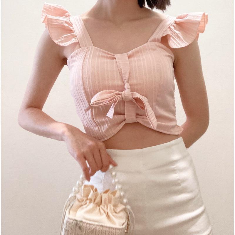 現貨⚡免運⚡絕版下殺🔥  壓紋荷葉邊肩帶蝴蝶結吊帶背心 A0717 #Kayla.girl #少女愷拉 #實穿-細節圖2