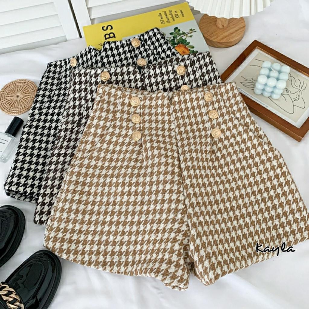 現貨⚡免運⚡絕版下殺🔥 編織感千鳥格金釦高腰短褲A0325 #Kayla.girl #少女愷拉 #實穿-細節圖4