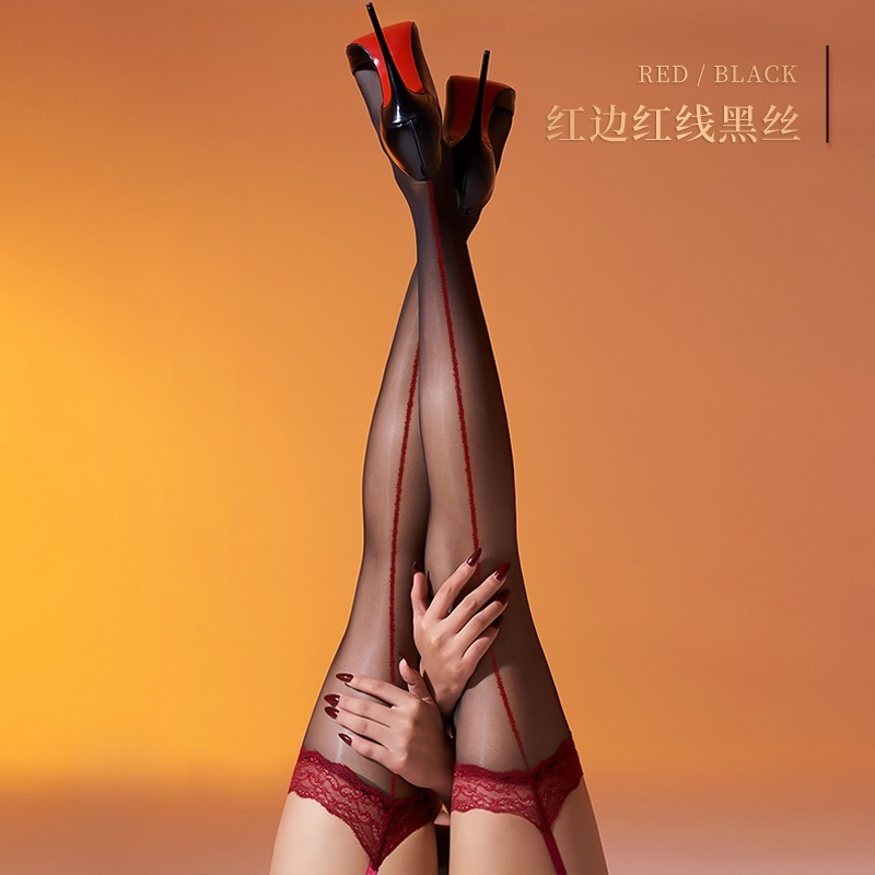 款22–油亮-紅線黑襪(加長版)