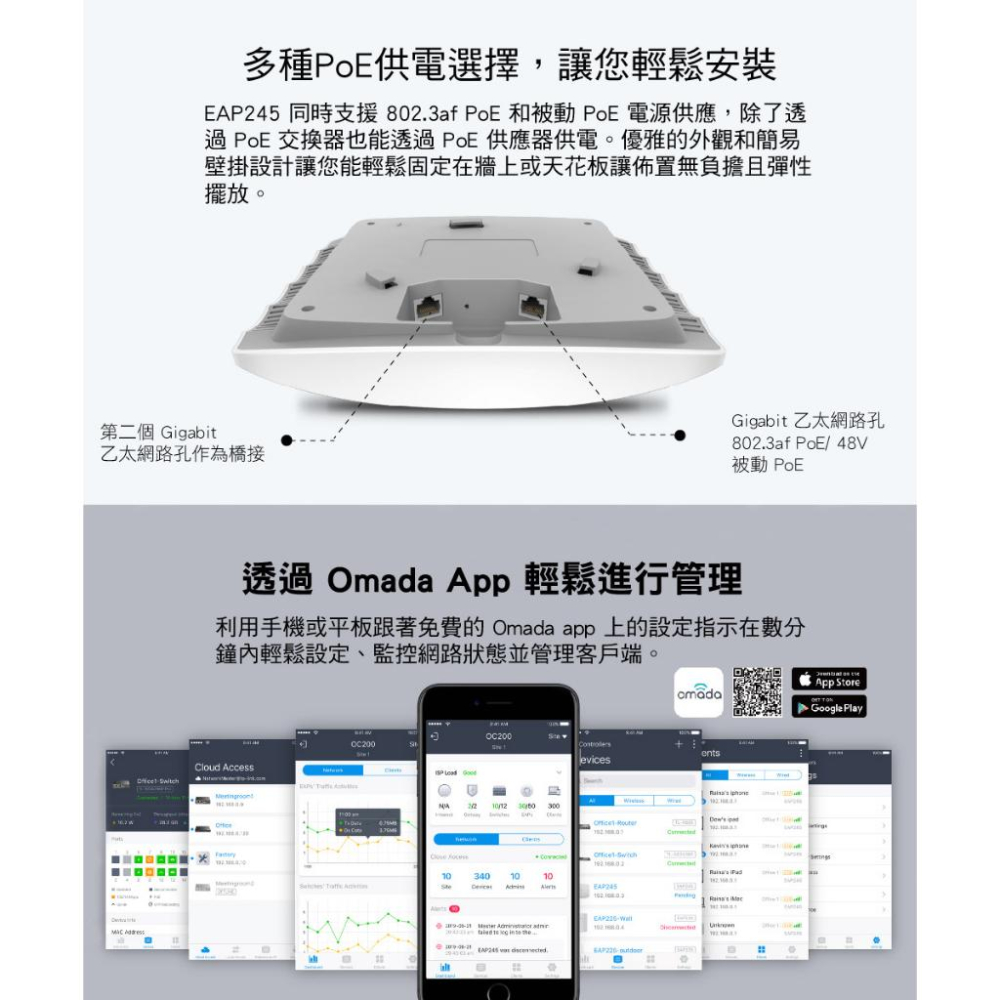 TP-Link EAP245 AC1750 無線雙頻MU-MIMO Gigabit PoE 吸頂式基地台(乙太網-細節圖2