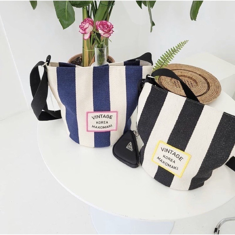 Chellmee ✈️韓國「MAKOMAKI 」 直條圓桶帆布肩背包-細節圖5