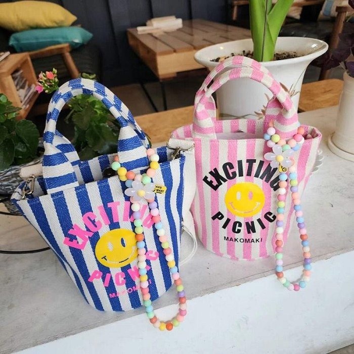 Chellmee ✈️韓國代購✈️「MAKOMAKI  」笑臉條紋水桶包 手提包 肩背包-細節圖2