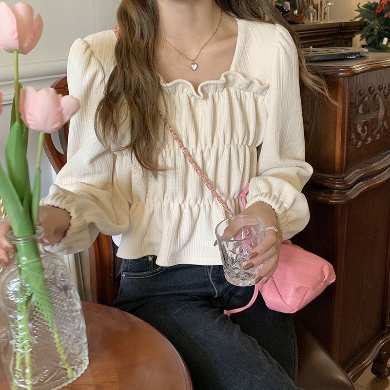 韓國復古褶皺燈芯絨泡泡袖襯衫-細節圖2