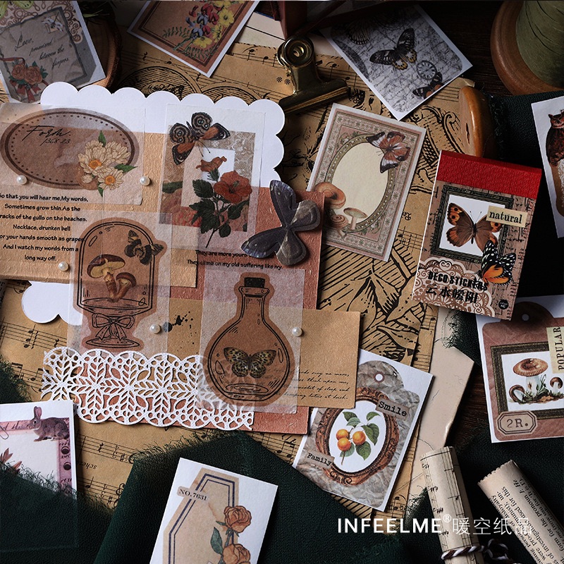 Infeel.me暖空紙品和紙貼紙本 寄一箋溫柔系列 50張復古植物DIY手帳素材貼 豆豆本-細節圖3