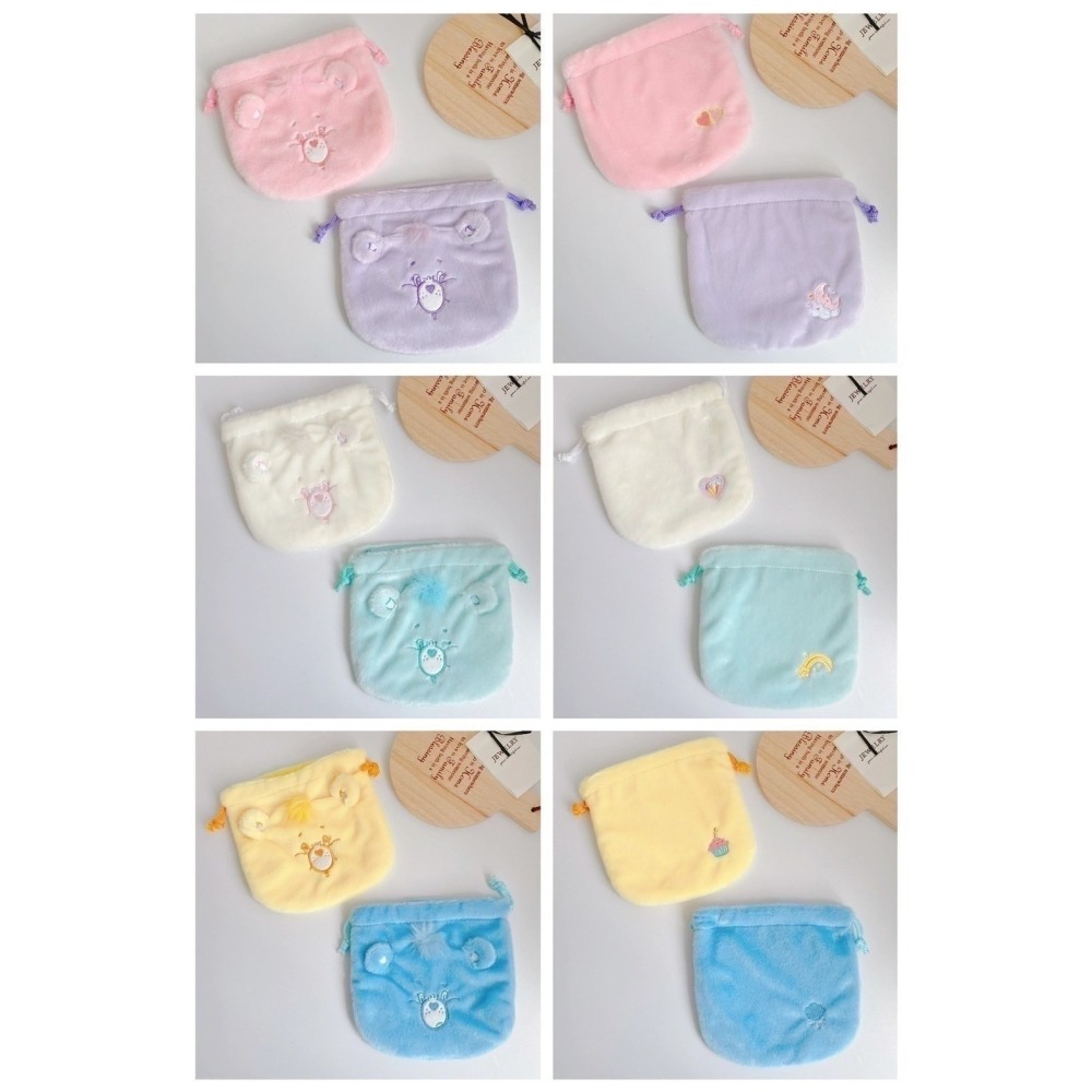 🎈彩虹尾巴🎈彩虹熊絨毛大臉束口袋 carebears 縮口袋 小物收納 愛心 粉 紫 白  綠  藍 黃-細節圖5