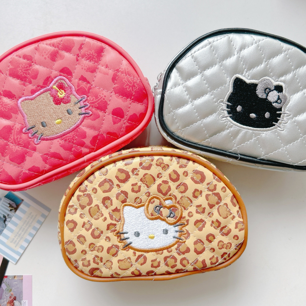 🎈彩虹尾巴🎈Hello Kitty菱格收納包附鏡 化妝包 鏡子包 小物包 凱蒂貓 化妝包 收納小包萬用包 桃紅豹紋-細節圖6