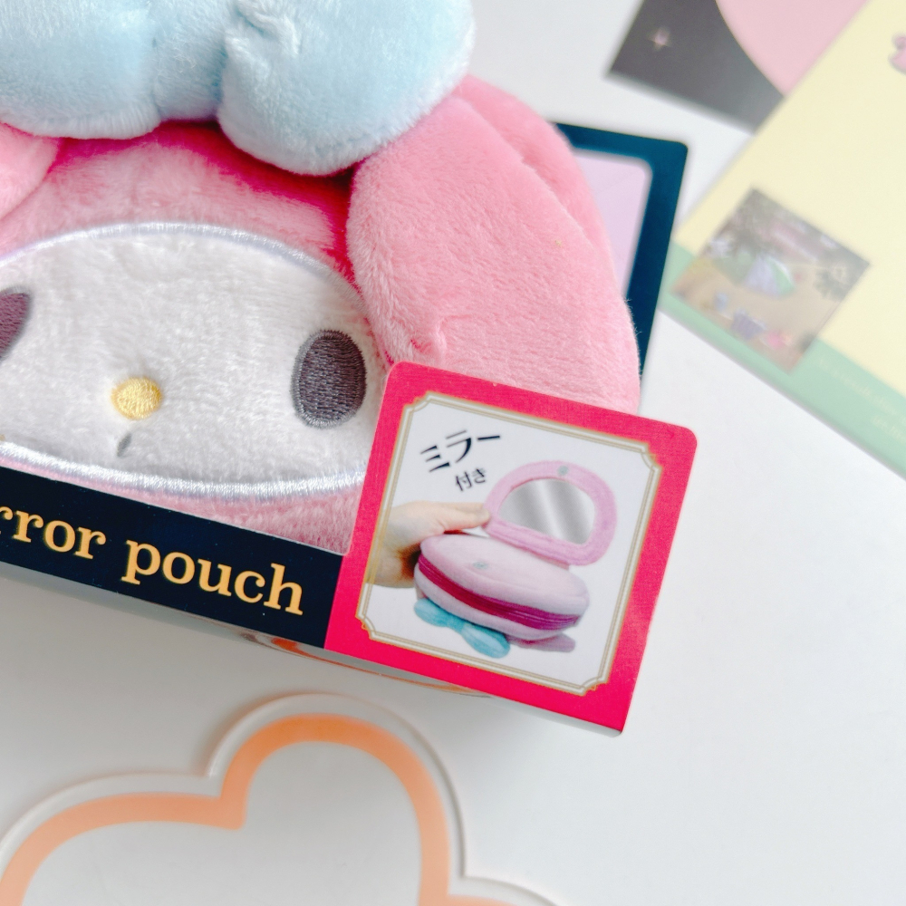 🎈彩虹尾巴🎈三麗鷗絨毛大臉收納包附鏡 化妝包 鏡子包 KITTY 美樂蒂 小物包 鏡子 化妝包 收納小包-細節圖2