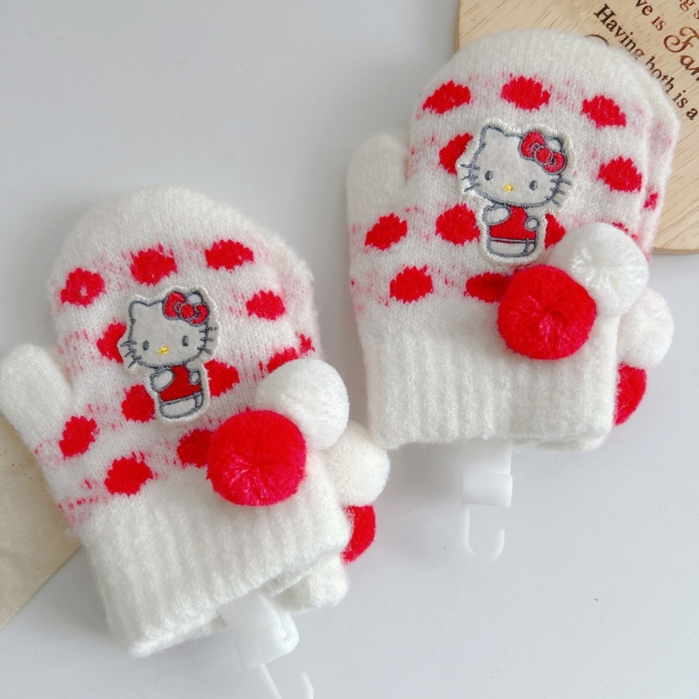 🎈彩虹尾巴🎈KITTY球球針織兒童手套 三麗鷗 Hello Kitty 凱蒂貓 球球 冬天 手套 紅點點-細節圖6