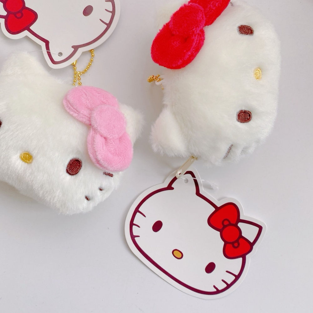 🎈彩虹尾巴🎈KITTY70年代系列大臉萬用包附珠鍊 凱蒂貓 大臉 大頭 絨毛 零錢包 絨毛吊飾 蝴蝶結-細節圖3
