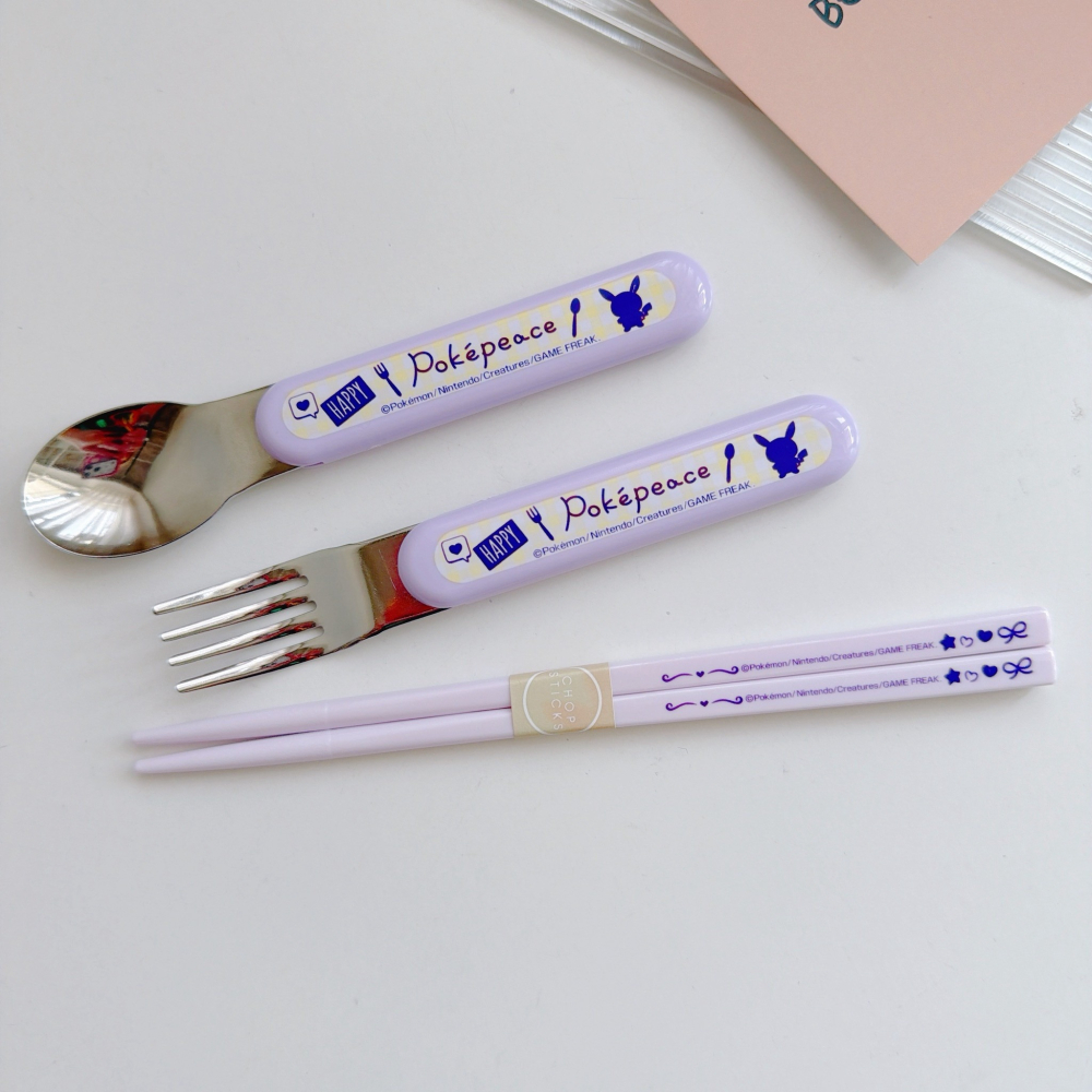 🎈彩虹尾巴🎈日本製寶可夢精靈抗菌三件餐具組 皮卡丘 波加曼 紫色 兒童餐具 環保餐具-細節圖2