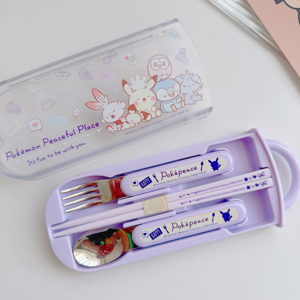🎈彩虹尾巴🎈日本製寶可夢精靈抗菌三件餐具組 皮卡丘 波加曼 紫色 兒童餐具 環保餐具-細節圖3