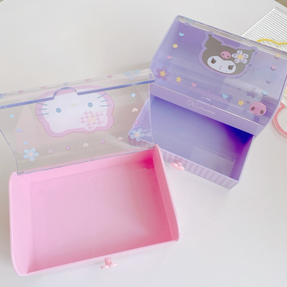 🎈彩虹尾巴🎈三麗鷗透明蓋抽屜置物盒 KITTY 酷洛米 桌上收納 小物收納 花朵-細節圖2