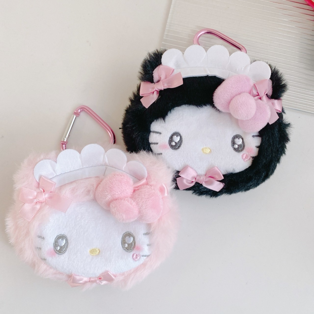 🎈彩虹尾巴🎈KITTY女僕系列愛心扣大臉零錢包 凱蒂貓 三麗鷗 絨毛造型化妝包附扣環 貓貓女僕-細節圖6