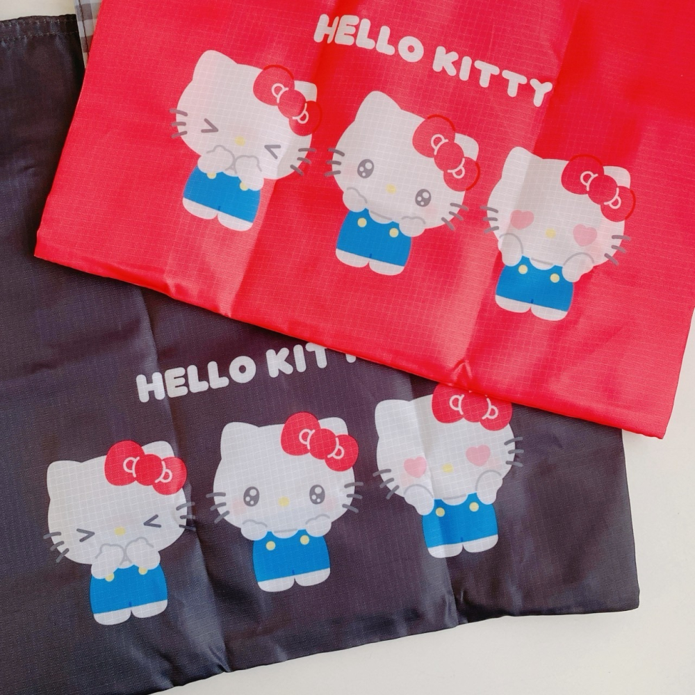 🎈彩虹尾巴🎈KITTY表情系列收納購物袋 折疊袋 摺疊收納袋 環保袋 凱蒂貓 三麗鷗 格紋 水汪汪-細節圖2