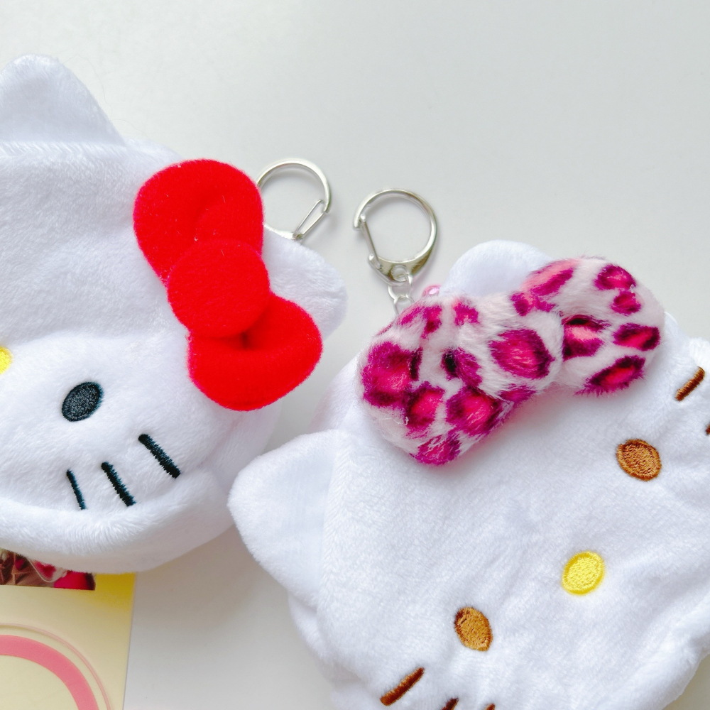 🎈彩虹尾巴🎈KITTY絨毛大臉零錢包鑰匙圈 凱蒂貓 大頭 絨毛 零錢包 蝴蝶結 粉色豹紋 粉豹紋-細節圖2