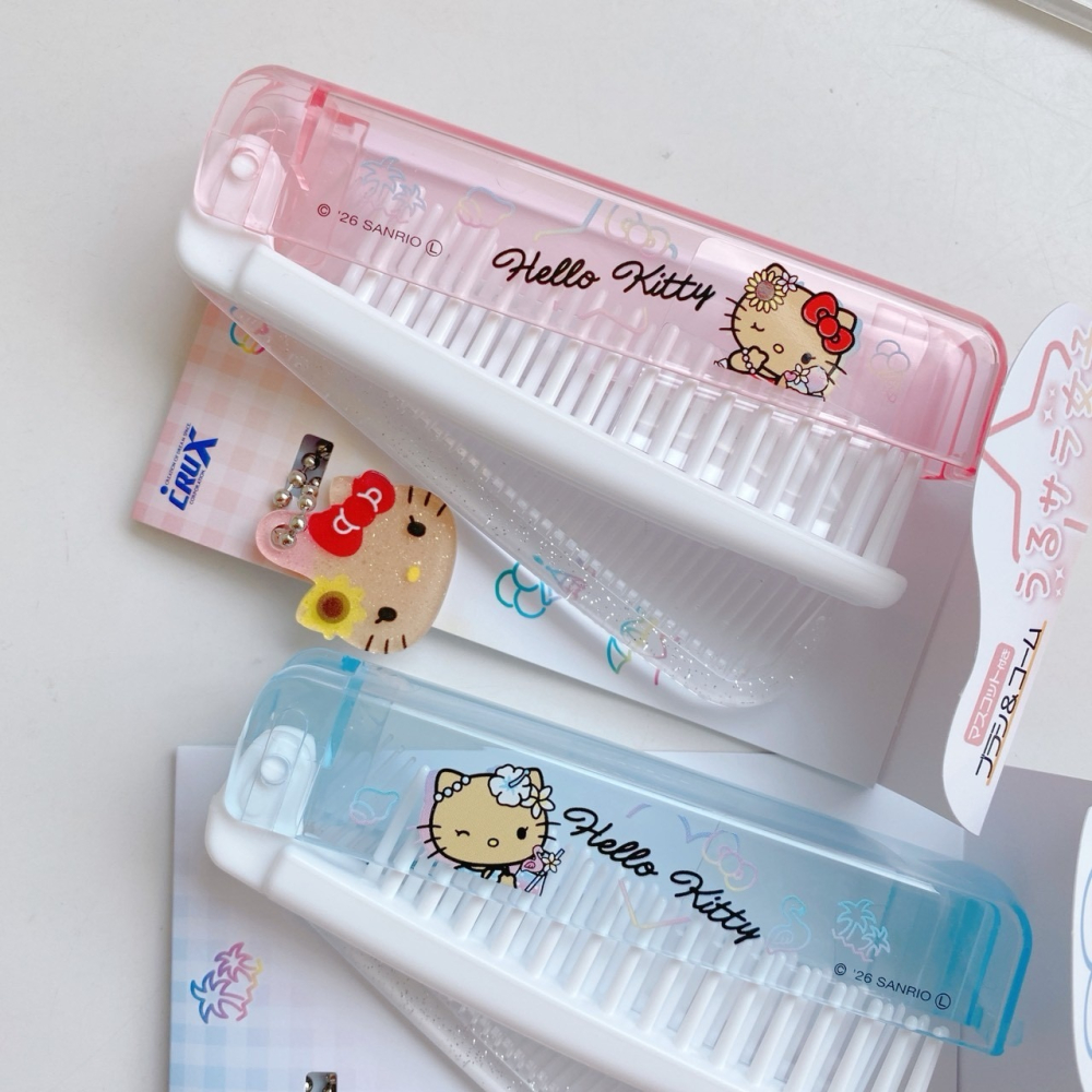 🎈彩虹尾巴🎈日本製三麗鷗夏日扶桑花系列2WAY摺疊梳子 Hello Kitty 凱蒂貓 梳子 夏天 日曬 日燒烤焦-細節圖3