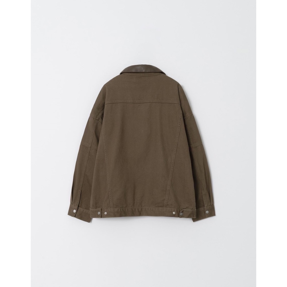 （全新）PAZZO 皮革領片拼接牛仔外套 棕綠/S-細節圖2