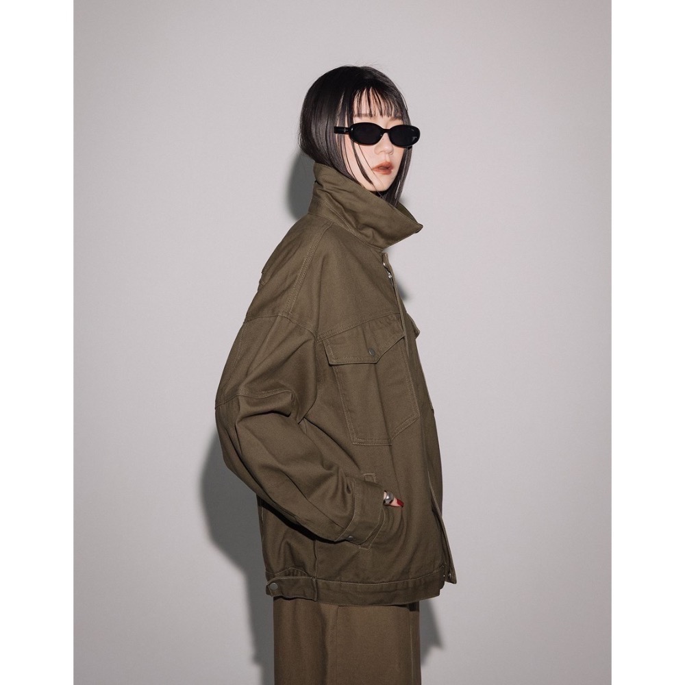 （全新）PAZZO 皮革領片拼接牛仔外套 棕綠/S-細節圖3