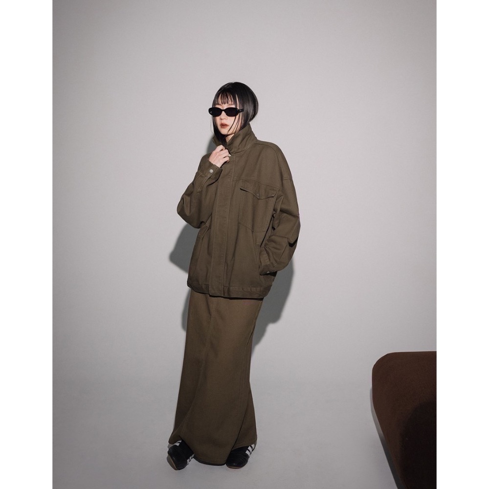 （全新）PAZZO 皮革領片拼接牛仔外套 棕綠/S-細節圖4