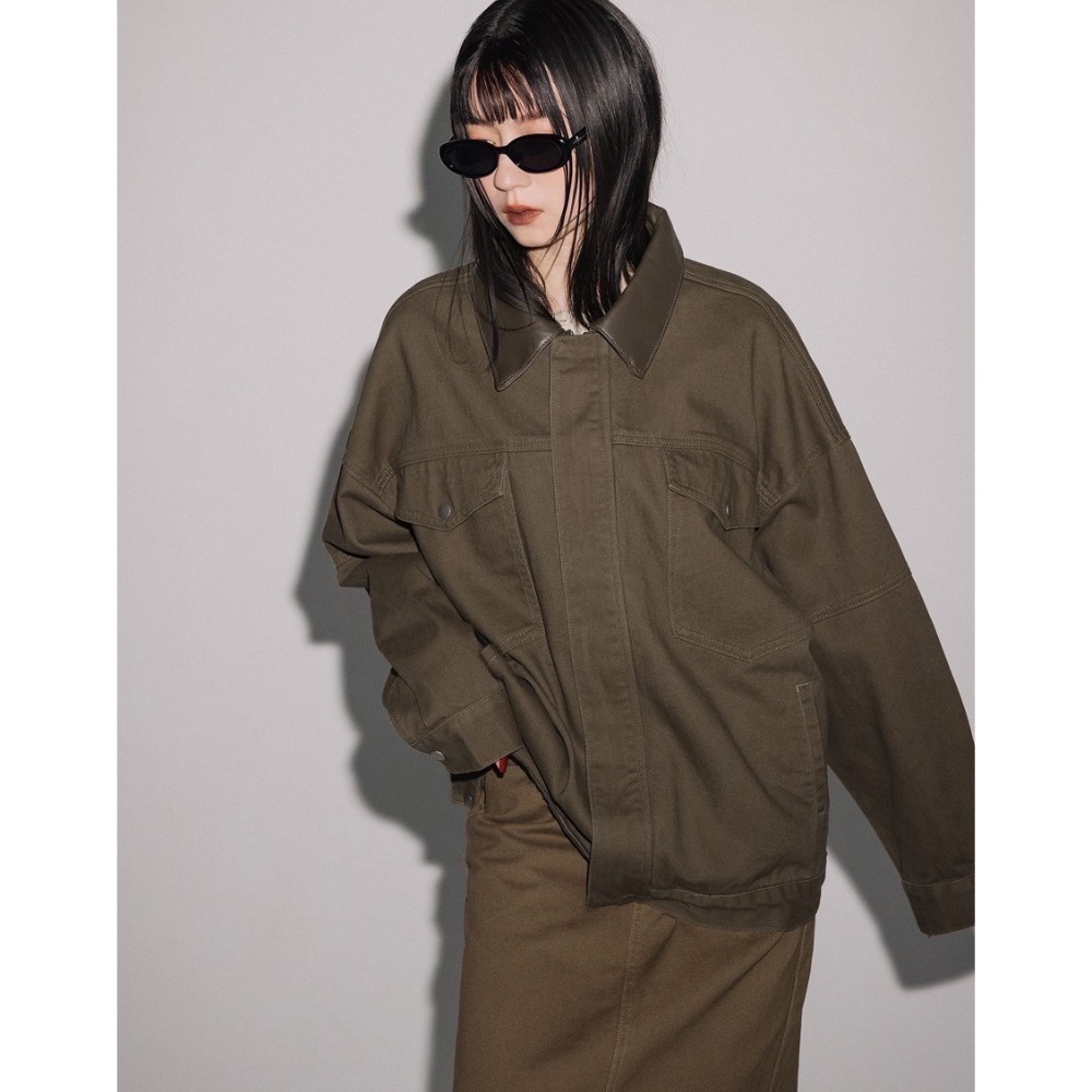 （全新）PAZZO 皮革領片拼接牛仔外套 棕綠/S-細節圖5