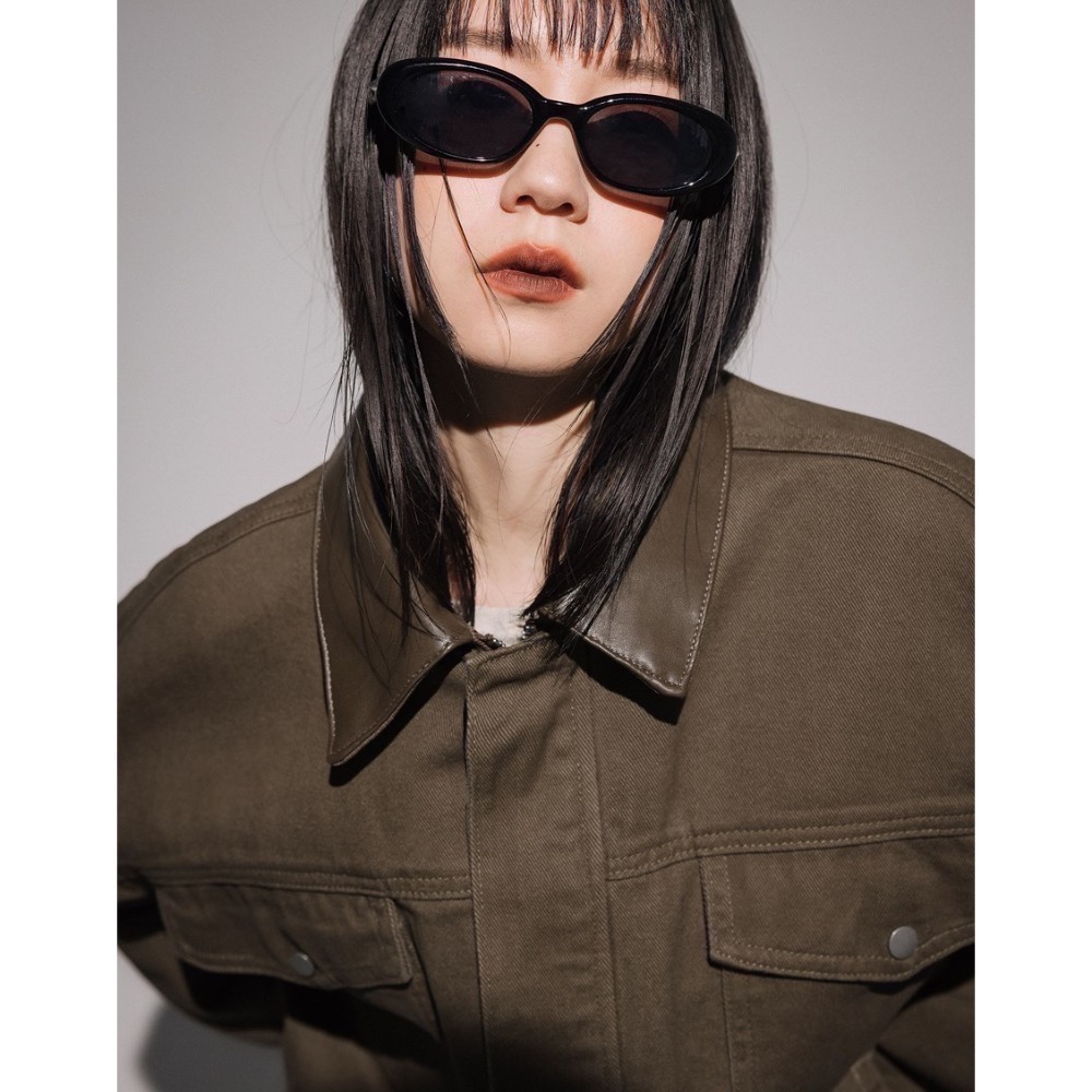 （全新）PAZZO 皮革領片拼接牛仔外套 棕綠/S-細節圖6