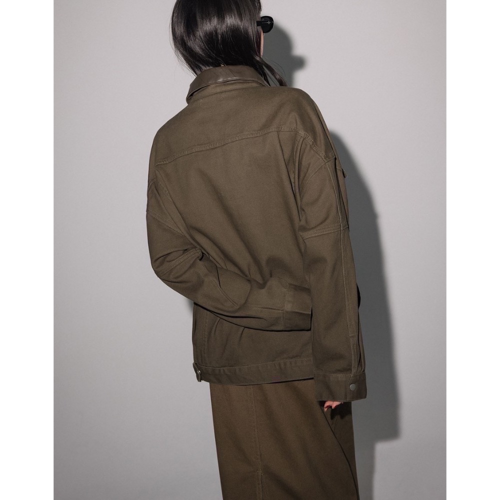 （全新）PAZZO 皮革領片拼接牛仔外套 棕綠/S-細節圖7