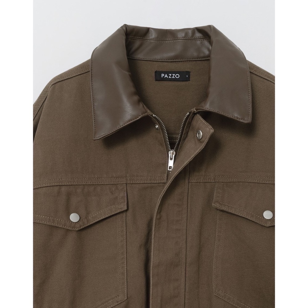 （全新）PAZZO 皮革領片拼接牛仔外套 棕綠/S-細節圖8