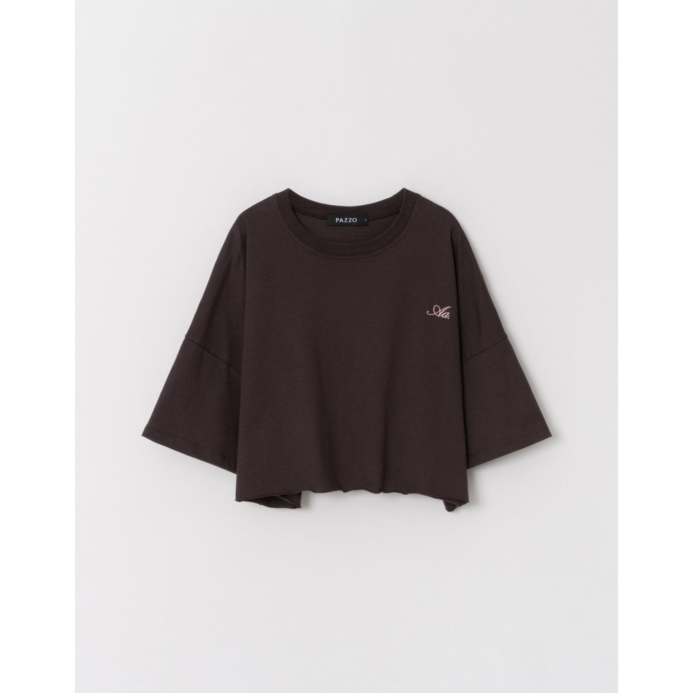 （全新）PAZZO 下擺不收邊LOGO刺繡造型短TEE(美式咖/S)-細節圖8