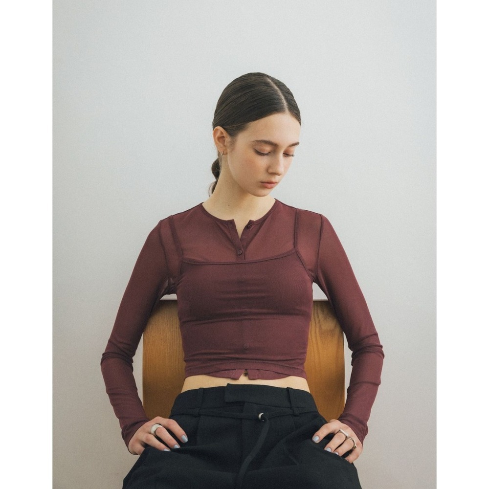 （全新）PAZZO 透肌感網紗兩件式上衣(上衣+背心)(黑 / S)-細節圖2