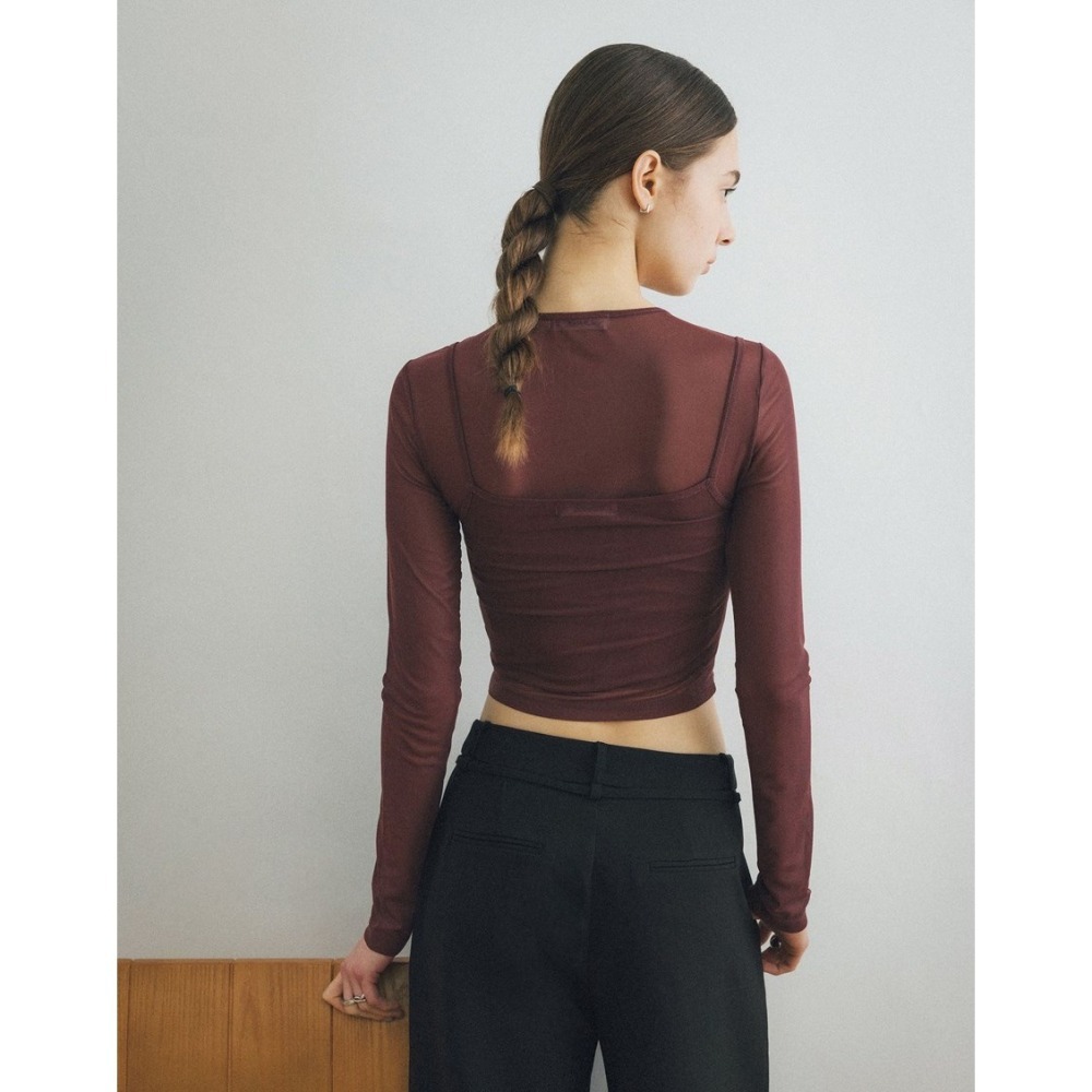 （全新）PAZZO 透肌感網紗兩件式上衣(上衣+背心)(黑 / S)-細節圖4