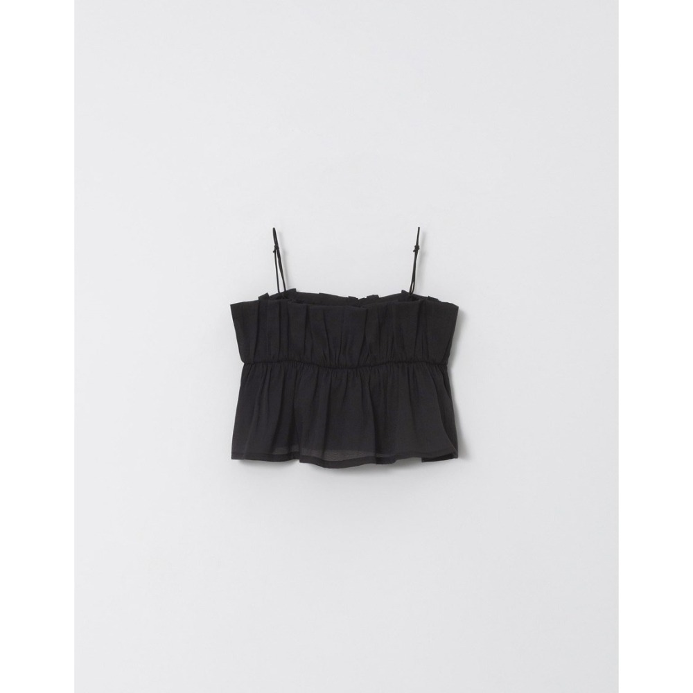 （全新）PAZZO 微透肌皺皺紗造型細肩帶上衣(黑 / S)-細節圖8