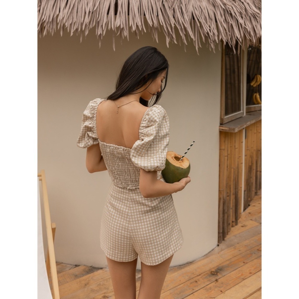 Mercci22 格紋造型澎袖上衣+質感格紋短褲(杏/S)(Into the wild聯名款-Leslie)-細節圖4