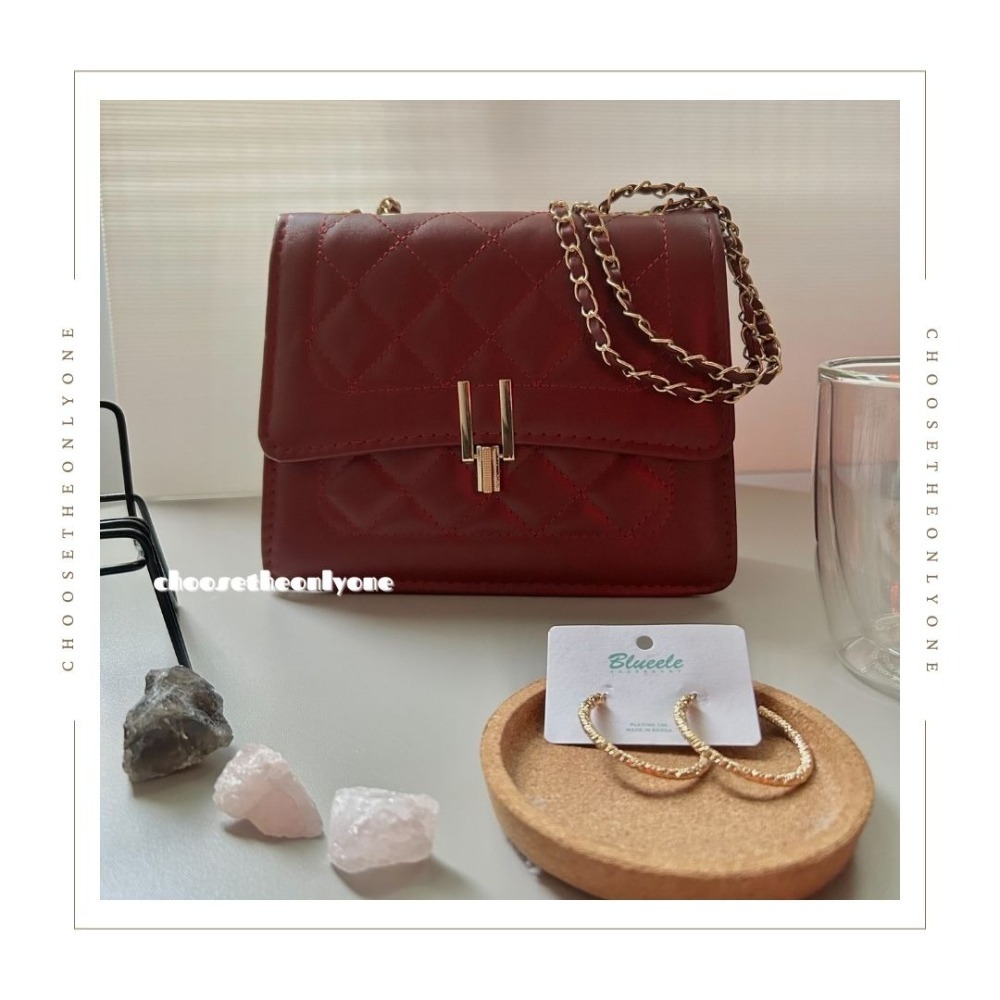 CTOO28 台灣賣家 深紅小香風復古菱格紋肩背包 側背包 女生包包-細節圖2