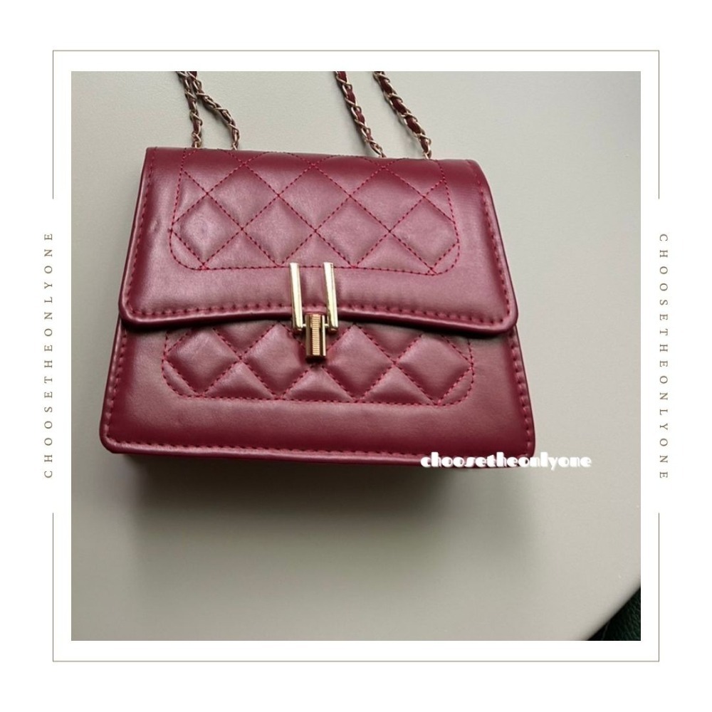 CTOO28 台灣賣家 深紅小香風復古菱格紋肩背包 側背包 女生包包-細節圖4