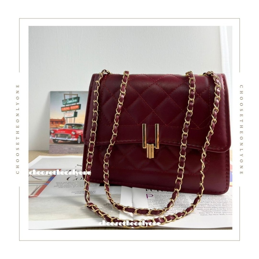 CTOO28 台灣賣家 深紅小香風復古菱格紋肩背包 側背包 女生包包-細節圖6