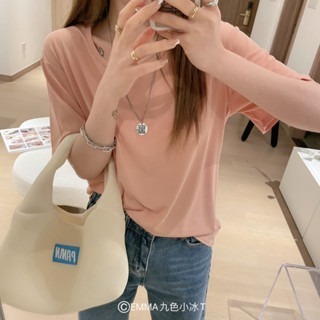 【JDUDS】 素色冰絲條紋短袖 寬鬆打底T 親膚打底圓領短袖 絲滑短袖 簡約舒適質感飽和色T 夏季短袖 居家短袖-細節圖8