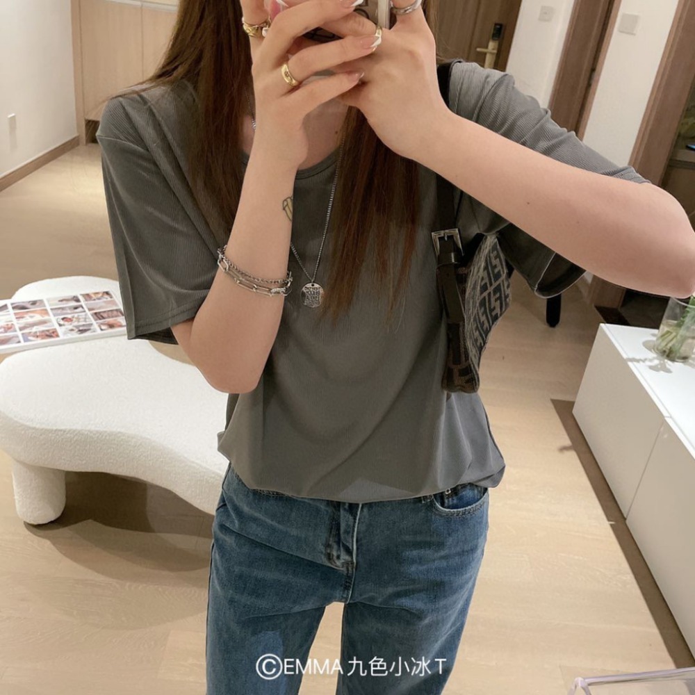 【JDUDS】 素色冰絲條紋短袖 寬鬆打底T 親膚打底圓領短袖 絲滑短袖 簡約舒適質感飽和色T 夏季短袖 居家短袖-規格圖10