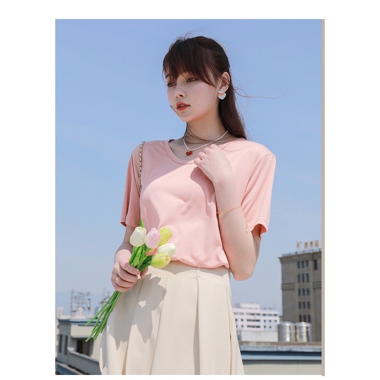 【JDUDS】冰絲T恤 涼感上衣 夏季韓版ins 短袖外穿寬鬆上衣 打底衫 降溫 仙女 寬鬆圓領T 寬鬆圓領T 舒適-細節圖3