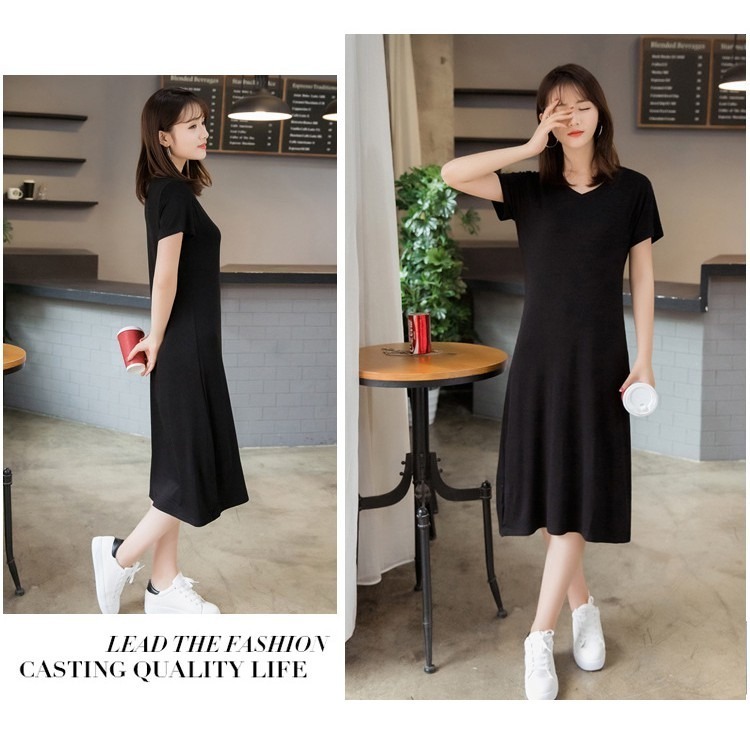 【JDUDS】莫代爾 顯瘦 超彈力 孕婦 大尺碼舒適短袖連身裙-細節圖7