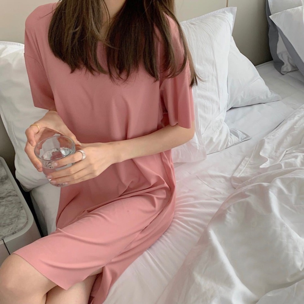 【限時購】【JDUDS】夏季冰絲涼感 中長款連衣裙  短袖長版上衣 過膝洋裝 連衣裙 睡衣-細節圖6