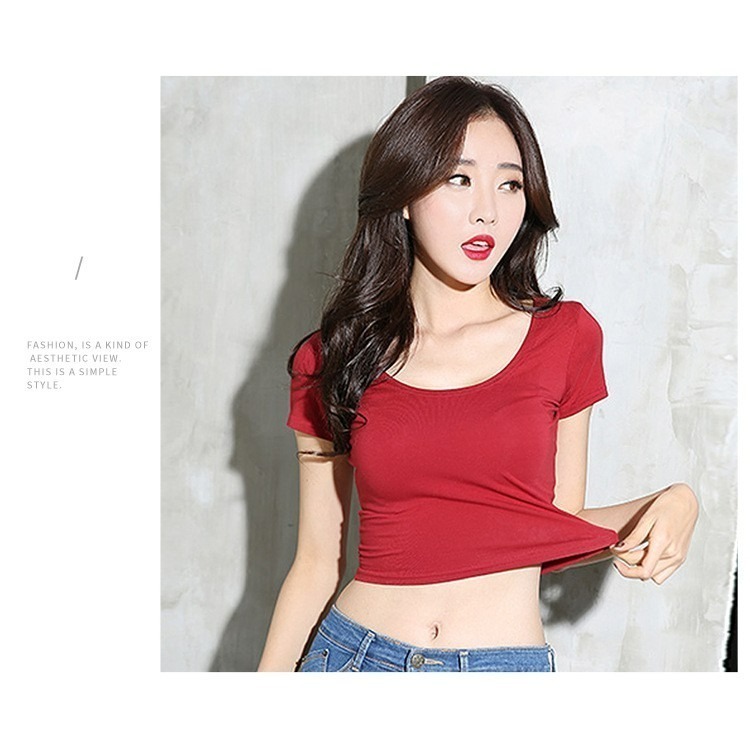 【JDUDS】純棉百搭彈力修身露肚短袖T 歐美 T恤女 短袖 短T 修身 顯胸 度假上衣 T恤 短袖 短版上衣-細節圖3