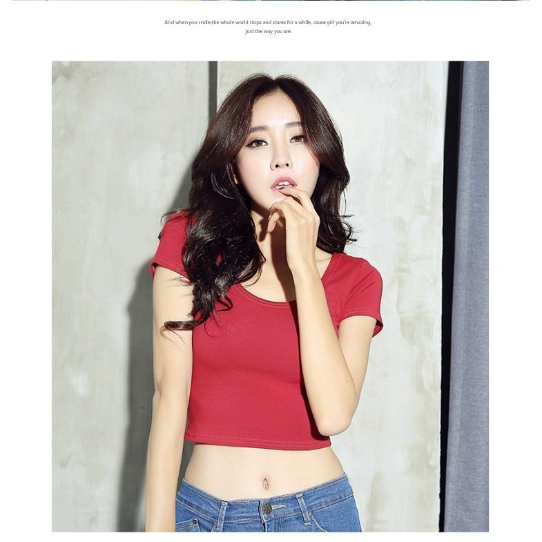 【JDUDS】純棉百搭彈力修身露肚短袖T 歐美 T恤女 短袖 短T 修身 顯胸 度假上衣 T恤 短袖 短版上衣-細節圖4