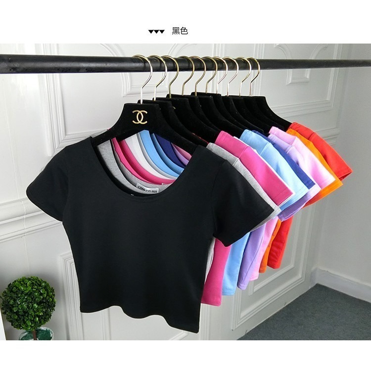 【JDUDS】純棉百搭彈力修身露肚短袖T 歐美 T恤女 短袖 短T 修身 顯胸 度假上衣 T恤 短袖 短版上衣-細節圖6